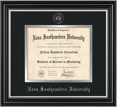 Image of Nova Southeastern University Diploma Frame - Satin Silver - w/Silver Embossed NSU Seal & Name - Black on Silver mat