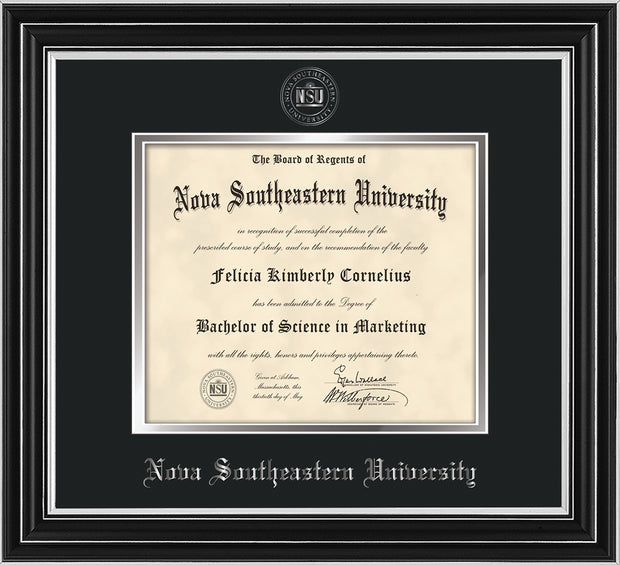 Image of Nova Southeastern University Diploma Frame - Satin Silver - w/Silver Embossed NSU Seal & Name - Black on Silver mat