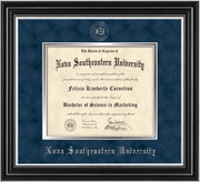 Image of Nova Southeastern University Diploma Frame - Satin Silver - w/Silver Embossed NSU Seal & Name - Navy Suede on Silver mat