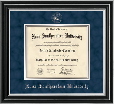Image of Nova Southeastern University Diploma Frame - Satin Silver - w/Silver Embossed NSU Seal & Name - Navy Suede on Silver mat