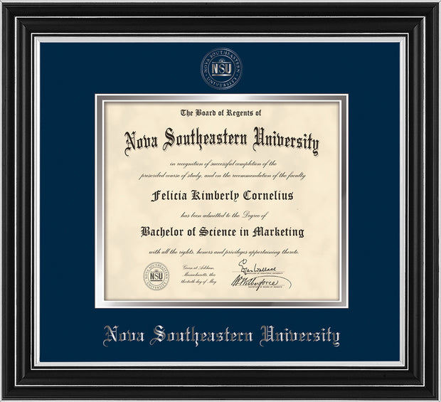 Image of Nova Southeastern University Diploma Frame - Satin Silver - w/Silver Embossed NSU Seal & Name - Navy on Silver mat