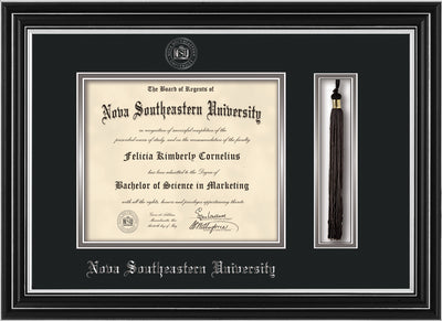 Image of Nova Southeastern University Diploma Frame - Satin Silver - w/Silver Embossed NSU Seal & Name - Tassel Holder - Black on Silver mat