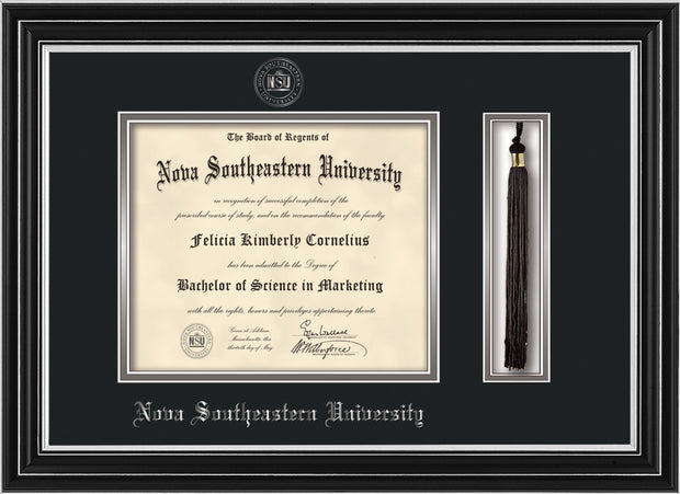 Image of Nova Southeastern University Diploma Frame - Satin Silver - w/Silver Embossed NSU Seal & Name - Tassel Holder - Black on Silver mat