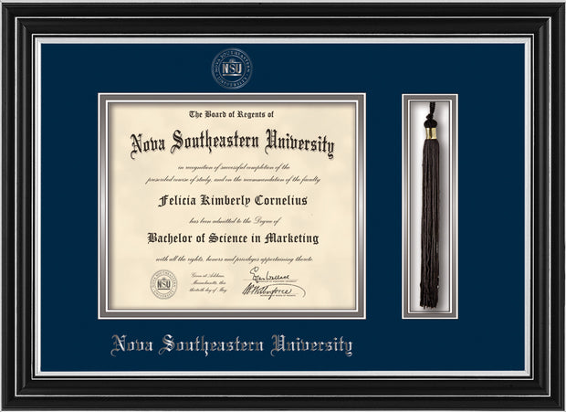 Image of Nova Southeastern University Diploma Frame - Satin Silver - w/Silver Embossed NSU Seal & Name - Tassel Holder - Navy on Silver mat