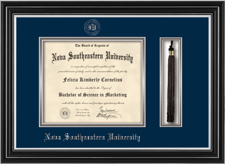 Image of Nova Southeastern University Diploma Frame - Satin Silver - w/Silver Embossed NSU Seal & Name - Tassel Holder - Navy on Silver mat