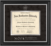 Image of Nova Southeastern University Diploma Frame - Satin Silver - w/Silver Embossed NSU Seal & Wordmark - Black Suede on Silver mat