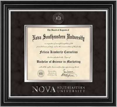 Image of Nova Southeastern University Diploma Frame - Satin Silver - w/Silver Embossed NSU Seal & Wordmark - Black Suede on Silver mat