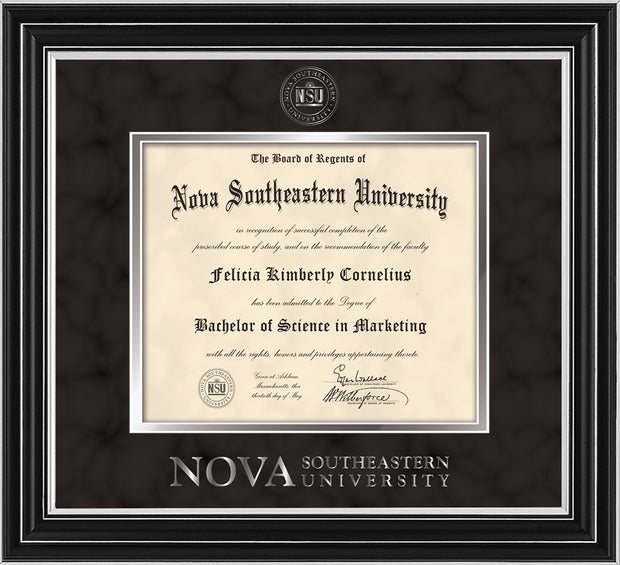 Image of Nova Southeastern University Diploma Frame - Satin Silver - w/Silver Embossed NSU Seal & Wordmark - Black Suede on Silver mat