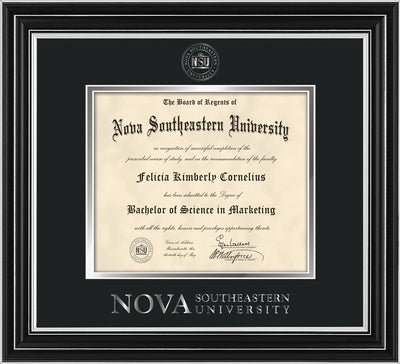 Image of Nova Southeastern University Diploma Frame - Satin Silver - w/Silver Embossed NSU Seal & Wordmark - Black on Silver mat