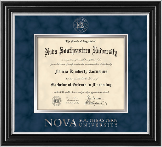 Image of Nova Southeastern University Diploma Frame - Satin Silver - w/Silver Embossed NSU Seal & Wordmark - Navy Suede on Silver mat