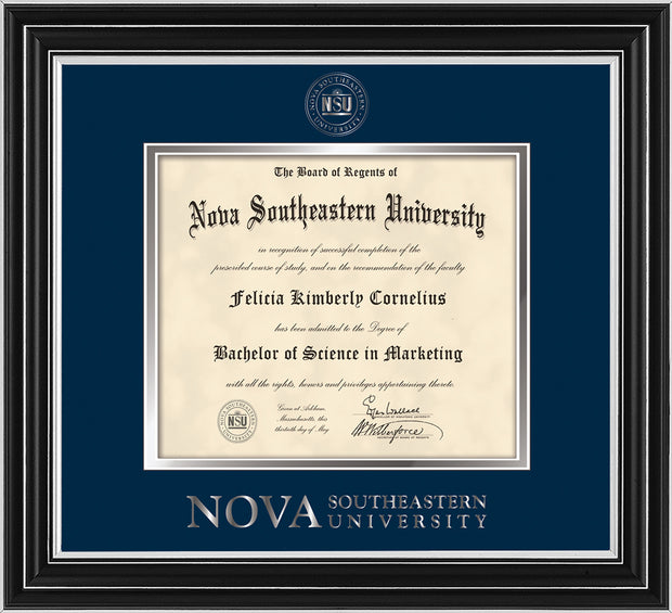 Image of Nova Southeastern University Diploma Frame - Satin Silver - w/Silver Embossed NSU Seal & Wordmark - Navy on Silver mat