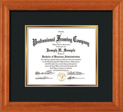 Horizontal view of the Oak Art and Document Frame with Black on Gold Mat