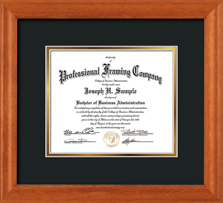 Horizontal view of the Oak Art and Document Frame with Black on Gold Mat