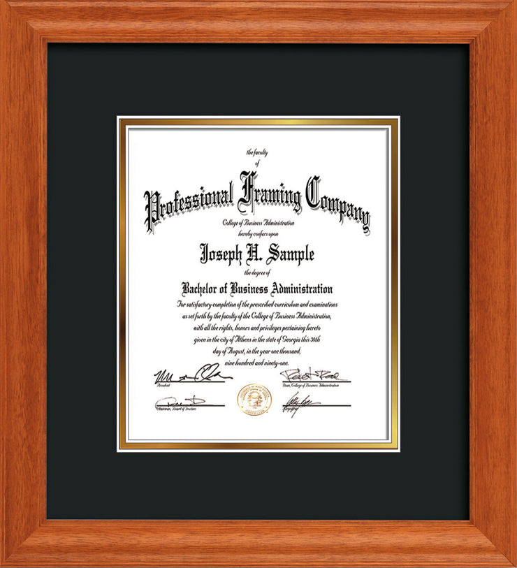 Vertical view of the Oak Art and Document Frame with Black on Gold Mat