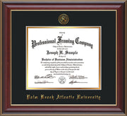 Image of Palm Beach Atlantic University Diploma Frame - Black Lacquer - w/Embossed Seal & Name - Black on Gold mats