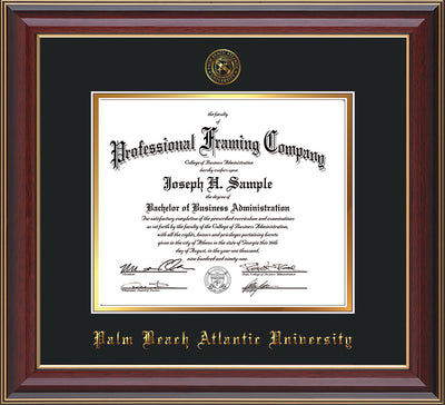 Image of Palm Beach Atlantic University Diploma Frame - Black Lacquer - w/Embossed Seal & Name - Black on Gold mats