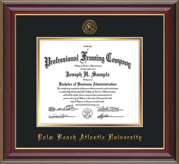 Image of Palm Beach Atlantic University Diploma Frame - Black Lacquer - w/Embossed Seal & Name - Black on Gold mats