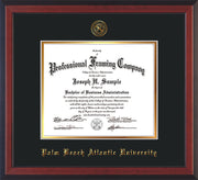 Image of Palm Beach Atlantic University Diploma Frame - Cherry Reverse - w/Embossed Seal & Name - Black on Gold mats