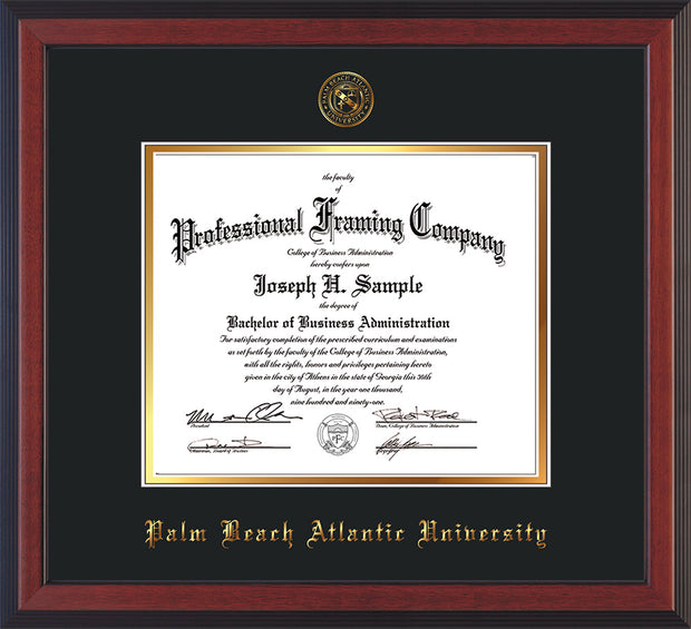 Image of Palm Beach Atlantic University Diploma Frame - Cherry Reverse - w/Embossed Seal & Name - Black on Gold mats