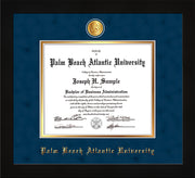 Image of Palm Beach Atlantic University Diploma Frame - Flat Matte Black - w/24k Gold-Plated Medallion PBA Name Embossing - Navy Suede on Gold mats