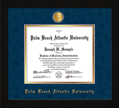 Image of Palm Beach Atlantic University Diploma Frame - Flat Matte Black - w/24k Gold-Plated Medallion PBA Name Embossing - Navy Suede on Gold mats