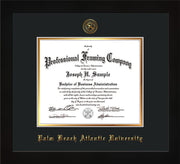 Image of Palm Beach Atlantic University Diploma Frame - Black Lacquer - w/Embossed Seal & Name - Black on Gold mats