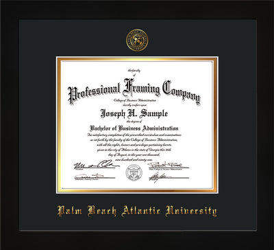 Image of Palm Beach Atlantic University Diploma Frame - Black Lacquer - w/Embossed Seal & Name - Black on Gold mats