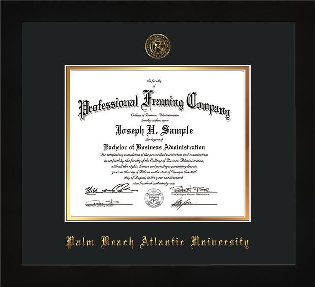 Image of Palm Beach Atlantic University Diploma Frame - Black Lacquer - w/Embossed Seal & Name - Black on Gold mats