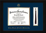 Image of Palm Beach Atlantic University Diploma Frame - Flat Matte Black - w/Embossed Seal & Name - Tassel Holder - Navy on Gold mats