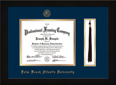 Image of Palm Beach Atlantic University Diploma Frame - Flat Matte Black - w/Embossed Seal & Name - Tassel Holder - Navy on Gold mats