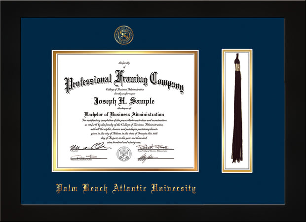 Image of Palm Beach Atlantic University Diploma Frame - Flat Matte Black - w/Embossed Seal & Name - Tassel Holder - Navy on Gold mats