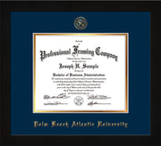 Image of Palm Beach Atlantic University Diploma Frame - Flat Matte Black - w/Embossed Seal & Name - Navy on Gold mats