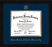 Image of Palm Beach Atlantic University Diploma Frame - Flat Matte Black - w/Embossed Seal & Name - Navy on Gold mats