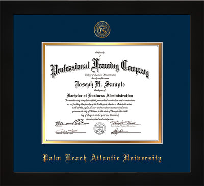 Image of Palm Beach Atlantic University Diploma Frame - Flat Matte Black - w/Embossed Seal & Name - Navy on Gold mats