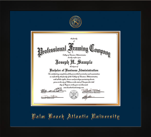 Image of Palm Beach Atlantic University Diploma Frame - Flat Matte Black - w/Embossed Seal & Name - Navy on Gold mats