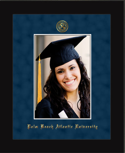 Image of Palm Beach Atlantic University 5 x 7 Photo Frame - Flat Matte Black - w/Official Embossing of PBA Seal & Name - Single Navy Suede mat