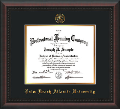 Image of Palm Beach Atlantic University Diploma Frame - Mahogany Braid - w/Embossed Seal & Name - Black on Gold mats