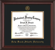 Image of Palm Beach Atlantic University Diploma Frame - Mahogany Lacquer - w/Embossed Seal & Name - Black on Gold mats