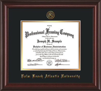 Image of Palm Beach Atlantic University Diploma Frame - Mahogany Lacquer - w/Embossed Seal & Name - Black on Gold mats