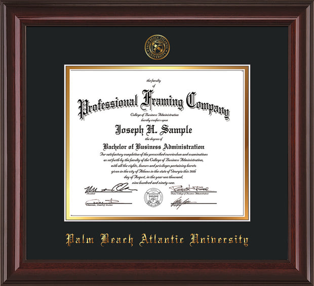 Image of Palm Beach Atlantic University Diploma Frame - Mahogany Lacquer - w/Embossed Seal & Name - Black on Gold mats