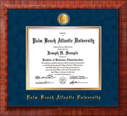 Image of Palm Beach Atlantic University Diploma Frame - Mezzo Gloss - w/24k Gold-Plated Medallion PBA Name Embossing - Navy Suede on Gold mats