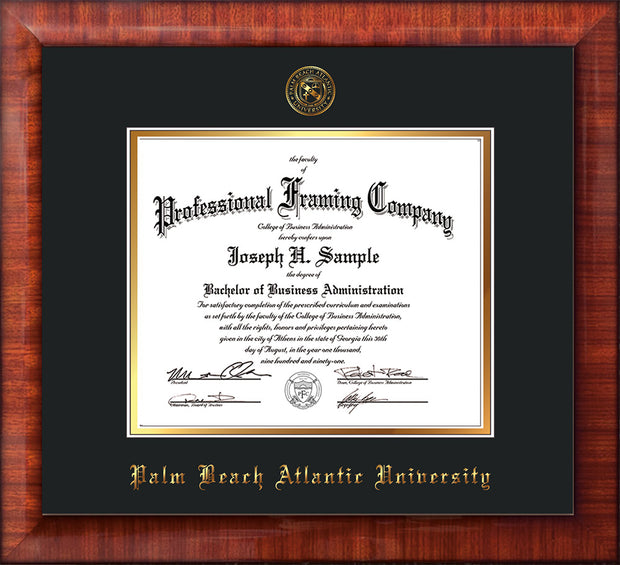 Image of Palm Beach Atlantic University Diploma Frame - Mezzo Gloss - w/Embossed Seal & Name - Black on Gold mats