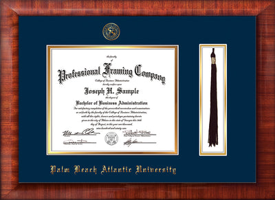Image of Palm Beach Atlantic University Diploma Frame - Mezzo Gloss - w/Embossed Seal & Name - Tassel Holder - Navy on Gold mats