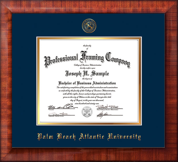 Image of Palm Beach Atlantic University Diploma Frame - Mezzo Gloss - w/Embossed Seal & Name - Navy on Gold mats