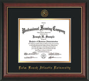 Image of Palm Beach Atlantic University Diploma Frame - Rosewood w/Gold Lip - w/Embossed Seal & Name - Black on Gold mats