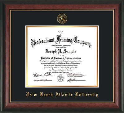 Image of Palm Beach Atlantic University Diploma Frame - Rosewood w/Gold Lip - w/Embossed Seal & Name - Black on Gold mats