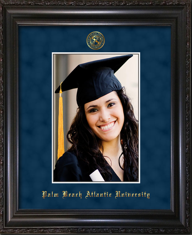 Image of Palm Beach Atlantic University 5 x 7 Photo Frame - Vintage Black Scoop - w/Official Embossing of PBA Seal & Name - Single Navy Suede mat