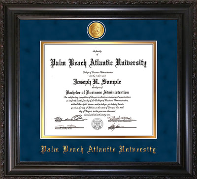 Image of Palm Beach Atlantic University Diploma Frame - Vintage Black Scoop - w/24k Gold-Plated Medallion PBA Name Embossing - Navy Suede on Gold mats