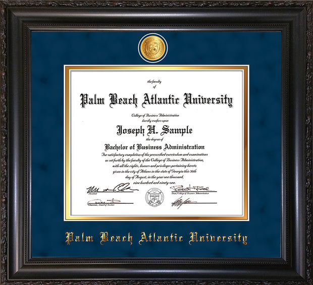 Image of Palm Beach Atlantic University Diploma Frame - Vintage Black Scoop - w/24k Gold-Plated Medallion PBA Name Embossing - Navy Suede on Gold mats