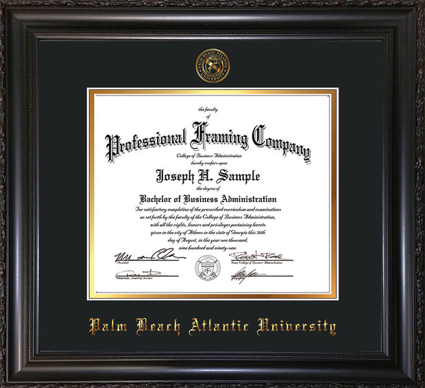 Image of Palm Beach Atlantic University Diploma Frame - Vintage Black Scoop - w/Embossed Seal & Name - Black on Gold mats